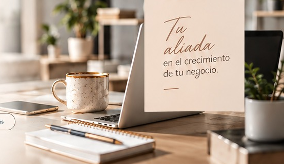 Escritorio profesional con laptop, libreta y taza en un entorno cálido de oficina